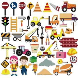 BEUNITONE 46 Pcs Construction Team Felt Board Stories Pieces Set Large Construction Signage Felt Figures for Flannel Board Set Wall Storyboard Construction Theme Early Learning Kit for Gifts