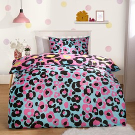 OHS Leopard Print Double Bedding, Reversible Quilt Covers for Girls Boys Summer Bedding Double with Pillowcases Ultra Soft Comfy, Neon