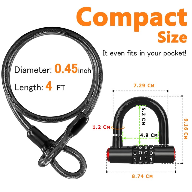 Security Cable Lock Set (4 Digital Combination U-Lock & 4