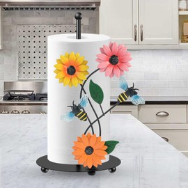 Kitchen Roll Holder Sunflower Paper Towel Holder Free Standing Black Iron Kitchen Towel Stand Non Slip Countertop Organizer(Bee)