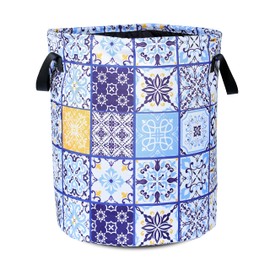 Mexican Tiles Laundry Basket Flowers Pattern Foldable Oxford Cloth Funny Tote Bag Laundry Hamper Clothes Storage Bucket Organizer For Bathroom/Laundry Storage/Bedroom 17.7x13.7