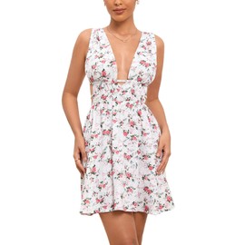 Floerns Women's Cut Out Backless Sleeveless Shirred Floral A Line Short Dress White XS