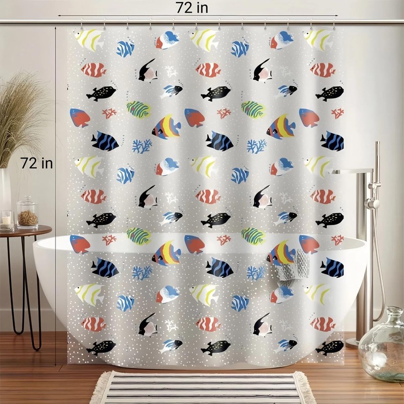 Clear Tropical Fish Shower Curtain Liner with Design, Lightweight Plastic