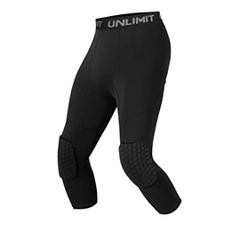 Unlimit Youth Basketball Pants with Knee Pads, 3/4 Capri Compression Pants for Boys. (Black, L: for 11-13 yrs)