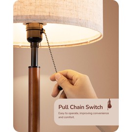 EDISHINE Mid Century Table Lamp Set of 2, Pull Chain Switch Bedside Lamp, Linen Shade, Solid Wood Pole & Black Metal Base, Modern Nightstand Lamp for Bedroom, Living Room, Office, E26 Base