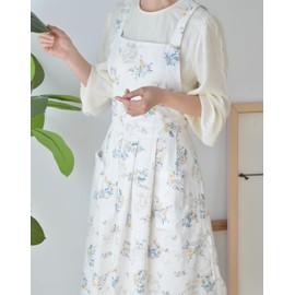 HEYMILIAO Cotton Linen Cross Back Apron with Pockets，Work Smock Garden Kitchen Chef Clothes Dress for Gardening Painting Cooking