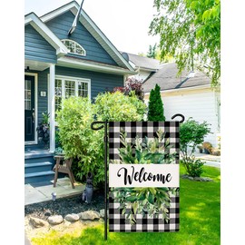 Black Plaid Welcome Linen Garden Flag,12x18 Inch Red Heart Eucalyptus Leaves Banner Decor,1x1.5 FT Digitial Double-Printed Durable 300D Thick Decorations For Farmhouse Yard Outdoor