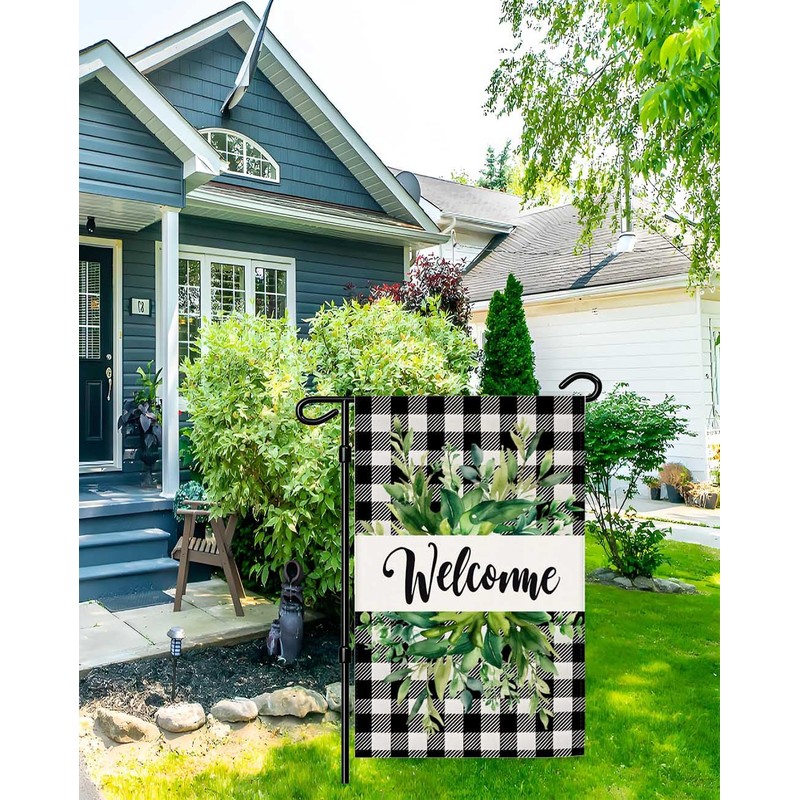 Black Plaid Welcome Linen Garden Flag,12x18 Inch Red Heart Eucalyptus