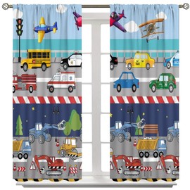 Kids Boys Construction Curtains Cartoon Colorful Cars Bulldozer Tractor Truck Airplane 2 Panels Window Treatment Set for for Boys Girls Bedroom Living Room, W52 x L84 Inch Blackout