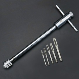 KOOTANS Adjustable T-Handle Ratchet Tap Holder Wrench + 5pcs M3 M4 M5 M6 M8 Machine Screw Thread Metric Plug T-shaped Tap, Bothway Hand Screw Tap Set Manual Tapping Tool Kit for Home Use (Long)