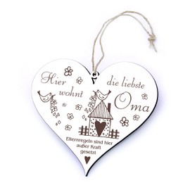 Dekolando Wooden Sign with Engraving "Hier wohnt die liebste Oma, Elternregeln außer Kraft", Heart Door Decoration, 13 x 12 cm, Grandmother Door Sign
