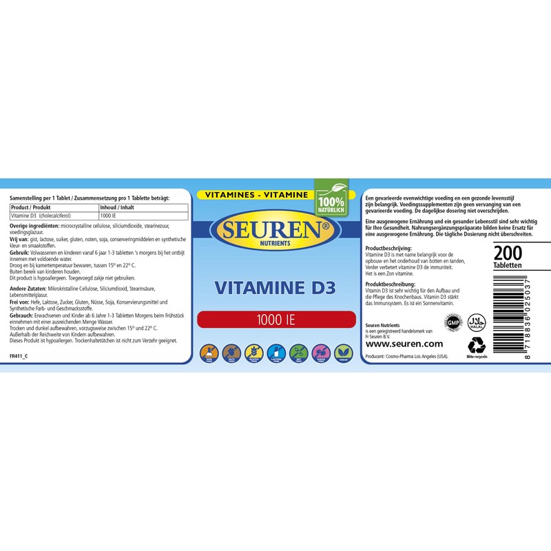 Seuren Nutrients Vitamin D3 1000 I, 200 tablets, high dose,