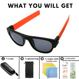 FOREVER1 – Slap Sunglasses (Orange) Novelty Foldable Sunglasses, Snap to Your Wrist or Bag, Slap Roll and Clip on Bracelet Sunglasses for Men, Women and Kids, UV 400 Protection. Packed in Nice Case.
