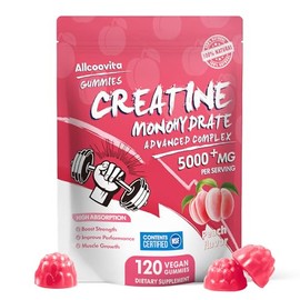 Allcoovita Creatine Monohydrate Gummies 5g for Men & Women. Boost Focus,Strength, and Endurance, Anti-Melting Formula, Vegan, Gluten-Free, Non-GMO,(Pe