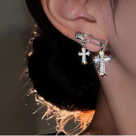Atentuyi Double Cross Drop Earrings Silver Crystal Cz Cross Earrings Rhinestones Cross Dangle Earrings Cz Safety Pin Earrings Religion Earrings for Women and Girls