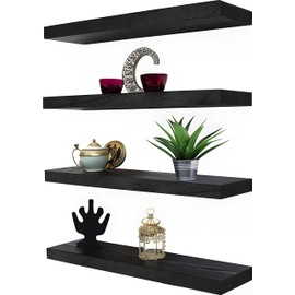 YYWUOJJ Wood Floating Shelves for Wall Decor, Rustic Wall Shelves for Bedroom Bathroom Kitchen Living Room, Set of 4 Black