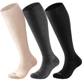 Blicount Cotton Compression Socks for Women&Men 15-20mmHg Knee High Cute Support Sock for Nurses, Pregnant Women, Travel, 3 Pairs-black&wheat&dark Grey, Small-Medium