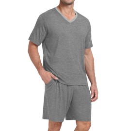 PrinStory Mens Pajama Sets Summer Sleepwear Nightwear Lightweight Quick Dry Soft Short Sleeve V-Neck Pjs Sleep Set With Pocket Dark Gray US L