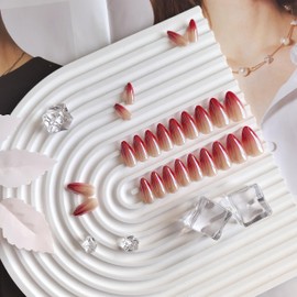 Chrome French False Nails Almond, SXVME Chrome Red Press On Nails Medium, Gradient Red Glazed Gel Fake Nails Press on, Cute Glitter Acrylic Nails Medium Stiletto, Stick on Nails for Women Daily Wear