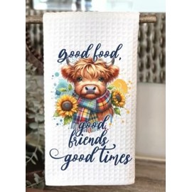 Good Food Good Friends Good Times - Highland Cow - Microfiber White Waffle Weave Towel. 16 x 24 in. Absorbent, No Lint, Thick, Reusable, Commercial, Soft, Hand