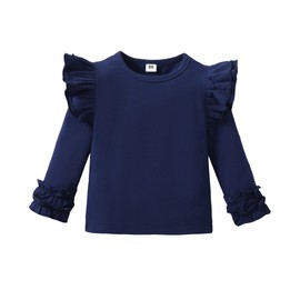 playera de color sólido para bebé y niña, blusa lisa con mangas de volados, ropa casual de algodón, 033f-azul marino, 3 Años/4 Años