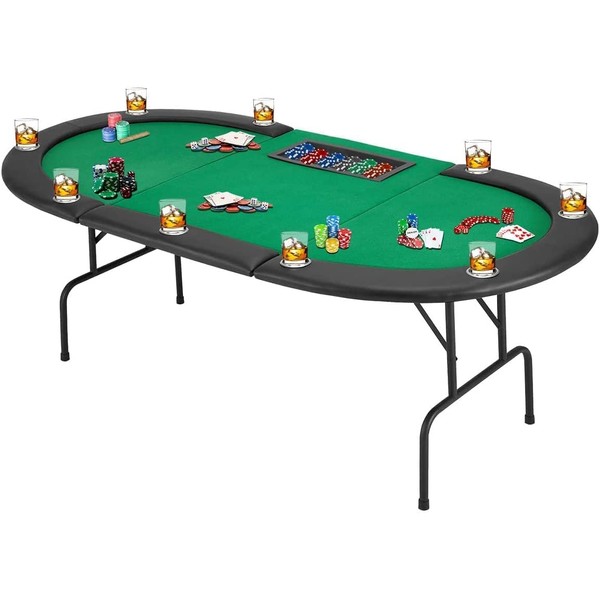 ECOTOUGE Poker Table with Stainless Steel Cup Holder, Oval Casino Leisure Table, Top Texas Hold'em Poker Table for 10 Player w/Leg, Green Felt