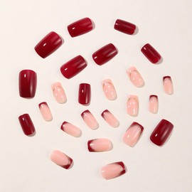 BABALAL Press on Nails Medium Square Fake Nails Red French Tip Glue on Nails Gold Bling Acrylic Nails Trendy Stick on Nails 24Pcs Squoval Glossy Wedding Artificial Nails