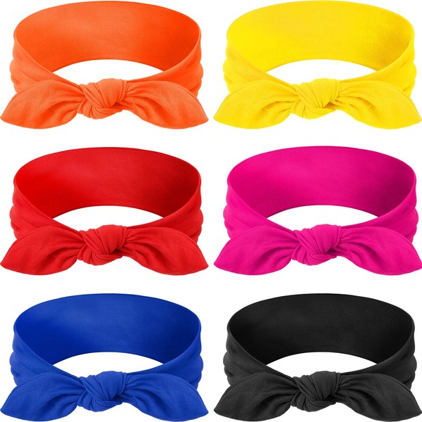 6 Pieces Bandana Headbands Bow Girls Solid Colors Knot Headwrap Retro Elastic Rabbit Ear Hairband for Women (Solid Color Style)
