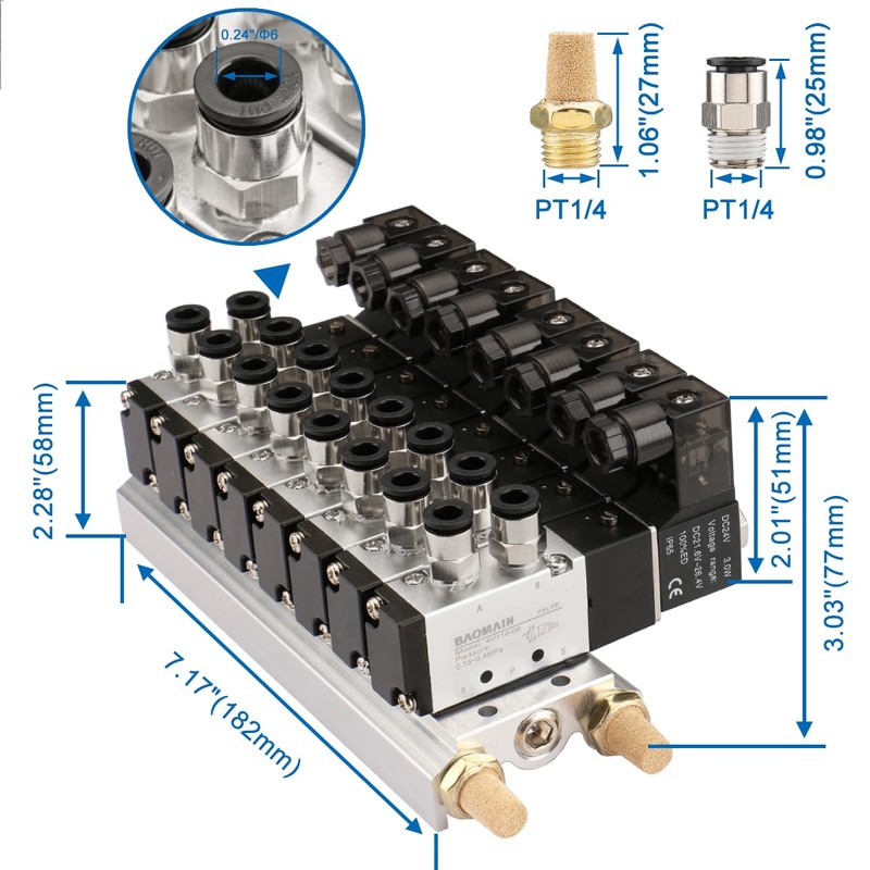 Baomain 8 Space Pneumatic Solenoid Valve Set PT1/8'' 4V110-06 24VDC