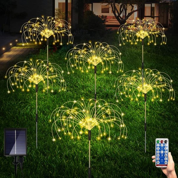 6 Pack Solar Garden Lights Outdoor, Firework Lights 8 Modes with Remote DIY Outdoor Decor,120 LED Waterproof Garden Fireworks Lamp, Landscape Outdoor Light for Pathway Backyard Lawn (Warm White)