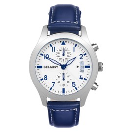 GELAXSY Mens 42mm Chronograph Quartz Watch with Analogue Display Date Window and Leather Strap Water Resistant Wrist Watch for Men (Blue White)