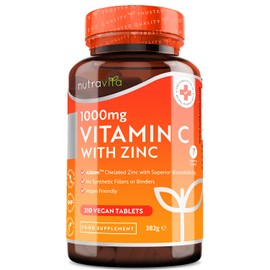 Vitamin C and Zinc Tablets - High Strength Vitamin C 1000mg with Albion® Zinc 15mg for better Absorption - 7 Month Supply - Vit C Zinc Supplements for Normal Immune System - 210 Vegan Tabs - Nutravita
