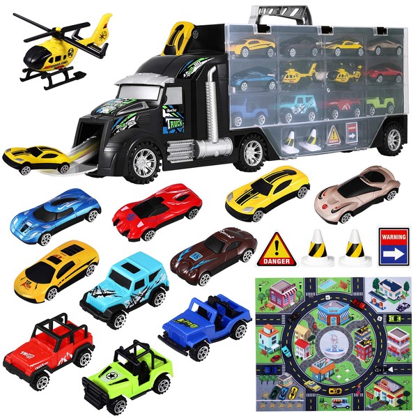 Toy Cars Carrier Truck: 18 Pieces Toddler Toys Car for Boys Transport Vehicles & Race Car Toys with Carrying Case Helicopters Race Car Play Mat Kids Toys Car Trucks Toy Set for Kids Boys Girls