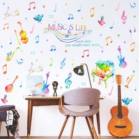 Yovkky Watercolor Music is Life Wall Decal Sticker, Peel Stick Musical Instrument Note Polka Dot Nursery Classroom Decor, Home Studio Piano Guitar Violin Saxophone Decoration Kid Bedroom Playroom Art
