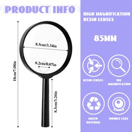 Handheld Reading Magnifier Black 2.5X 10X Magnifying Glass 90mm Shatterproof Lens Large Magnifying Lens with Non-Slip Grip for Older Kids Reading, Nature Exploration, Observation