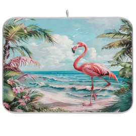 Gorgeous Extra Large 18" x 24" Kitchen Dish Drying Mat, Pink Flamingo Tropical Beach Absorbent Slip-Resistant Table Countertop Protector Multipurpose Counter Rack Sink Drainer Pad