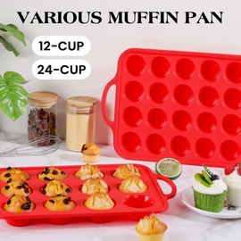 AOTASO Regular 12 Cup and Mini 24 Cup Nonstick Cupcake Pan Set Silicone Muffin Pan for Baking Silicone Cupcake Mold with Metal Reinforced Frame BPA Free (2 Pcs, Red)