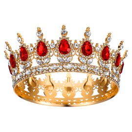 Grevosea Crown for Women, Queen Crown Tiara Rhinestone Birthday Crowns Wedding Bridal Hair Accessories for Princess Party Photo Props (Gold Red)