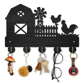 MAYJOYDIY Wooden Wall Coat Rack with Rooster and Hen in Country House Style 30 x 20 cm Windmill Key Hook Black Key Holder Wall Art Decoration with 5 Alloy Hooks for Hallway Entrance Area
