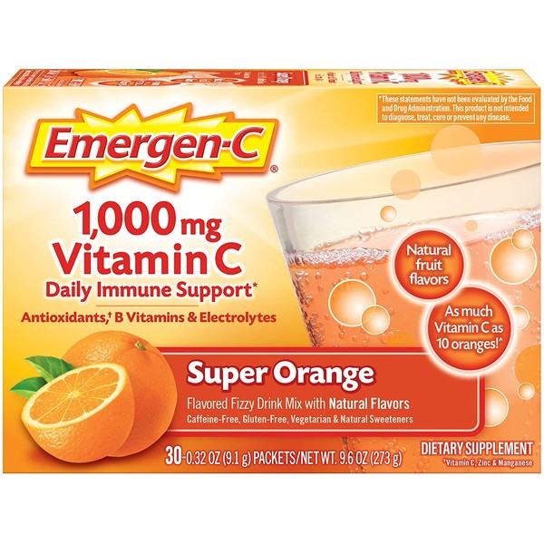 Emergen-C 1000mg Vitamin C Powder, with Antioxidants, B Vitamins and Electrolytes, Vitamin C Supplements for Immune Support, Caffeine Free Fizzy Drink Mix, Super Orange Flavor, 0.32 Ounce (Pack of 30)