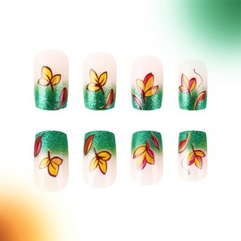 24Pcs Thanksgiving Press on Nails Fall Square Fake Nails Green Nail Tip Acrylic Nails with Maple Leaf & Pumpkin Design Fall Leaves False Nails Stick on Nails for Women Autumn Nail Art Decor