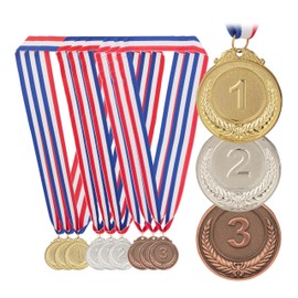 Relaxdays Set da 12 Medaglie d'oro per Bambini, Ø 5 cm, Medagliette 1°, 2° e 3° Posto, con Cordino, Oro, Argento, Bronzo