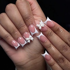 French Tip Press on Nails Short Dcuk Fake Nails White False Nails Glossy Artificial Nails with Bow Designs Stick on Nails for Women 24pcs