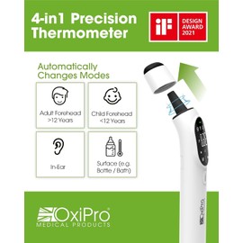 OxiPro TH2 Thermometer - NHS Supplier - German Sensor - IF Award Winner - CE Approved - In-Ear, Forehead, Non-Touch & Baby Modes - Infrared Thermometer for Newborn, Baby, Kids, Children (Grey)