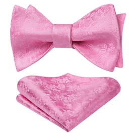 HISDERN Bow Ties for Men Floral Bowties Mens Self Tie Bow Tie Handkerchief Jacquard Woven Bowtie Pocket Square Set, P1-pink-floral