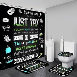 AZHM Black Inspirational Quotes and Positive Phrases Pattern Shower Curtain Set for Bathroom 4 Pcs Whimsical Design Bathroom Accessory Decor Sets with Shower Curtain and Rugs