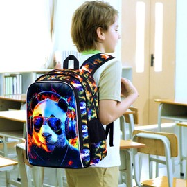 HPJGD 3PCS Panda Bookbag for Boys, Water Resistant Kids Backpack with Lunch Box, 17" School Bag Set for Teenagers Middle Elementary - Sunglasses Panda