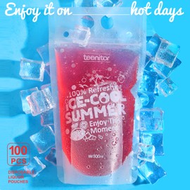 Teenitor 100Pcs Drink Pouches, Drink Pouches for Adults Alcohol, Drink Pouches with Straw Juice Pouches 100Pcs Straws, Liquor Bags Drink Bags For Smoothies Juices Stand Up Liquid Pouches 16oz