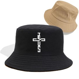 Mens Womens Bucket Hat Double-Sided Wearable Bucket Hats for Woman Men Black Summer Sun Hat Large Beach Fisherman Hat Christian Jesus Cross Printing Unisex Packable Cotton Fishing Cap Sun Protection