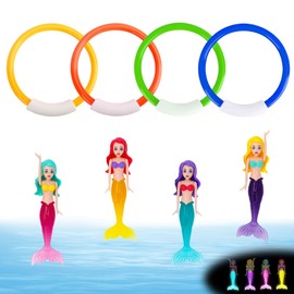 HERKINDNESS Diving Toys for Children, 4 Pieces Diving Rings with 4 Pieces Mermaids, ABS Blue, Orange, Yellow, Green Bathtub Toy for Diving Training, Underwater Game, Swimming Pool, Bathtub